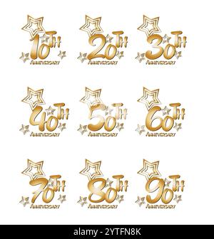 Golden anniversary logos celebrating 10th to 90th milestones with stars Stock Vector