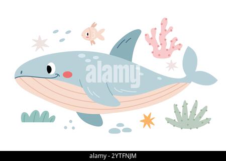 Whale in a marine environment among fish, algae and corals. Modern minimalist illustration in Scandinavian kids style. Stock Vector