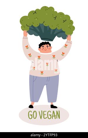 Go Vegan. Cute character holding a big broccoli. Modern minimalist illustration in Scandinavian style. Stock Vector