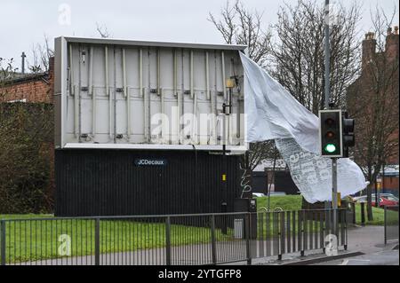 Alcester Road, Birmingham 7th December 2024 - A biilboard has been ripped apart in the Balsall Heath area of Birmingham by strong Storm Darragh winds Credit: British News and Media/Alamy Live News Stock Photo