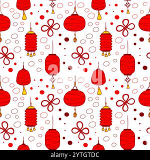 Red Paper Lanterns and Knots Seamless Pattern. Chinese New Year, Lunar New Year, endless ornament. Stock Vector