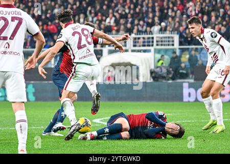 Genova, Italia. 07th Dec, 2024. Genoa's Fabio Miretti injured during the Serie A soccer match between Genoa and Torino at the Luigi Ferraris Stadium in Genoa, Italy - Saturday, December 07, 2024. Sport - Soccer . (Photo by Tano Pecoraro/Lapresse) Credit: LaPresse/Alamy Live News Stock Photo