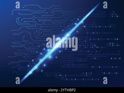 Abstract technology background. Number codes linked to technology circuits represent software writing. Development of AI or self-learning artificial i Stock Vector
