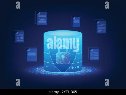 Server technology with lock and shield on the front, showing cyber security. There is a document sheet on the back, conveying data protection and IT s Stock Vector