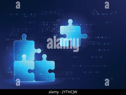 Numerical code and jigsaw technology represents the development of software systems, coding and technical problem solving, as well as the connection a Stock Vector