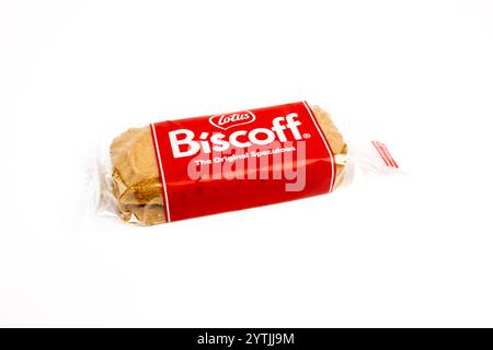 pack of two Speculoos Lotus biscuits, close-up, isolated on a white background Stock Photo