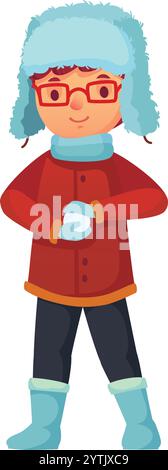 Smiling child dressed in a cozy winter hat, warm coat, gloves, and boots, holding a snowball, eagerly anticipating a joyful day filled with fun Stock Vector
