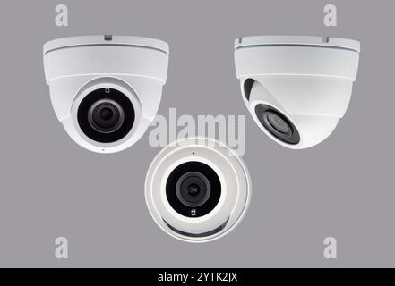 dome CCTV security camera isolated on gray background in different projections Stock Photo