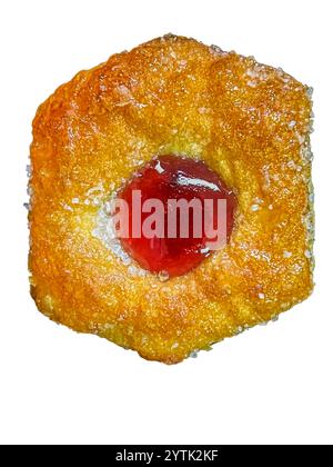 Detailed view of a rectangular cookie with a blob of jam in the middle isolated on white. Stock Photo