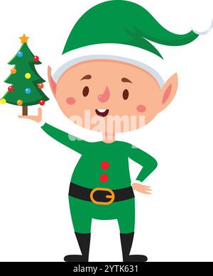 Smiling christmas elf wearing green clothes and hat, holding a decorated christmas tree with colorful ornaments, celebrating christmas time with joy Stock Vector