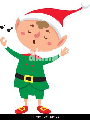 Cartoon christmas elf dressed in a vibrant green costume, red shoes, and a cheerful santa hat, joyfully singing a christmas carol while surrounded by Stock Vector
