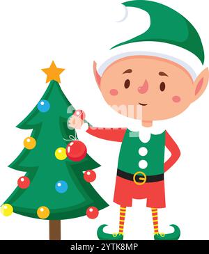 Cute cartoon christmas elf joyfully decorating a christmas tree with colorful baubles, wearing a traditional green and red costume, capturing the Stock Vector