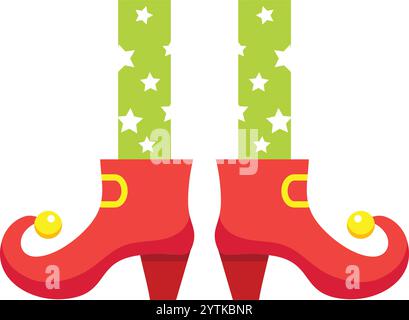 Christmas elf legs wearing green tights with white stars and red jester shoes with yellow bells and buckles, isolated on white background, in flat Stock Vector