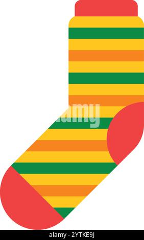 Colorful striped sock featuring warm hues of yellow, orange, and red, accented by contrasting green stripes, perfect for playful fashion projects Stock Vector