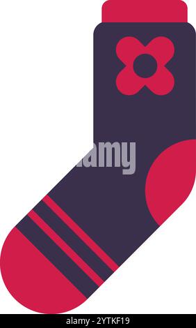 Single purple sock with pink decorations, including a stylized flower near the top and stripes near the toe, evokes feelings of comfort, warmth, and Stock Vector
