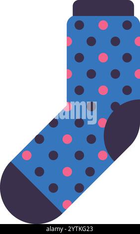 Blue sock with pink and dark blue dots pattern isolated on white background, perfect for representing fashion, winter, warmth, or simply a cozy and Stock Vector