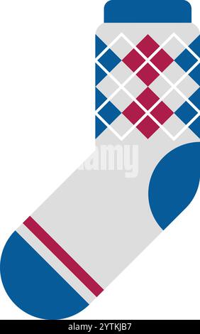 Warm argyle sock featuring a traditional diamond pattern in rich shades of blue and red, providing a stylish and cozy option for fashionable footwear Stock Vector