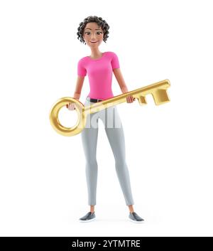 3d beautiful woman holding golden key, illustration isolated on white background Stock Photo