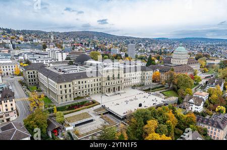 Zurich, Switzerland, 19th Oct 2024: Bird's-eye view of the main building of ETH Zurich (Swiss Federal Institute of Technology Zurich). To the right is Stock Photo