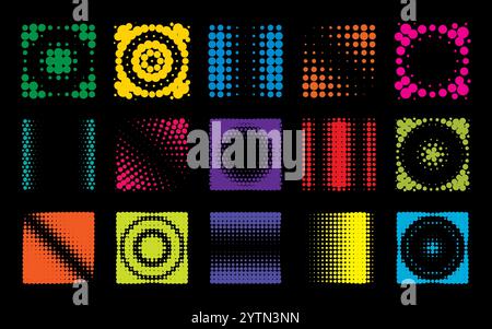 Vibrant halftone patterns in various colors are arranged in a grid. vector halftone shapes Stock Vector