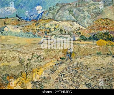 Van Gogh Landscape at Saint Remy (Enclosed Field with Peasant) 1889. Vincent Van Gogh painting, landscape and farm, 19th century painting. Stock Photo