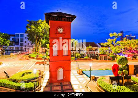 Sunrise in Melaka historic city of Malaysia at the Red Dutch square around red clock tower. Stock Photo