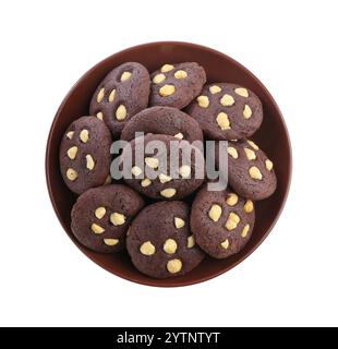 Tasty chocolate cookies with hazelnuts in bowl isolated on white, top view Stock Photo