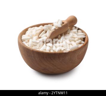 Puffed rice in bowl and scoop isolated on white Stock Photo