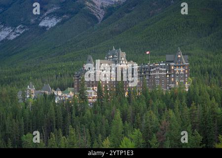Historic Fairmont Banff Springs Hotel from the Surprise Corner Viewpoint in Banff, Alberta at dusk Stock Photo
