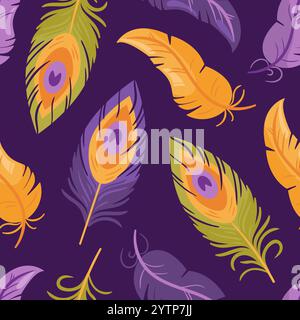 Bright seamless pattern of multi-colored peacock and parrot feathers in boho style. This vector illustration showcases intricate details and flowing d Stock Vector