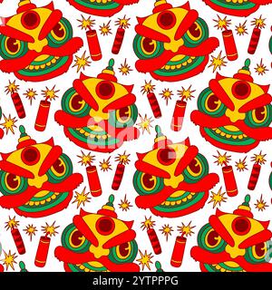 Lunar New Year seamless pattern. Street festival endless ornament. Stock Vector