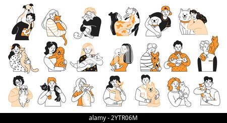 Happy owners embracing beloved pets color linear icons collection. People hugging cats and dogs expressing love and care on white background Stock Vector