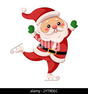 Sportive Santa Claus skating on ice flat color vector character. Cute Saint Nicholas at happy Christmas holiday illustration on white Stock Vector