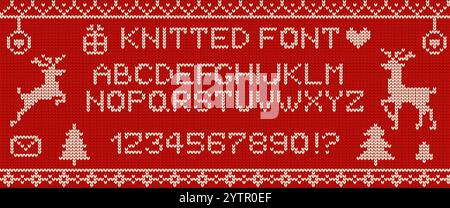 Knitted letters and digits font icons and elements vector illustrations on red background. Cute design for Christmas celebration elements collection Stock Vector