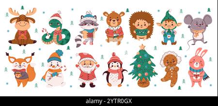 Santa Clause and cute animals flat color vector characters set. Christmas holiday celebration illustrations bundle on white background Stock Vector