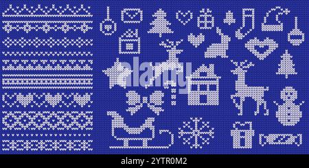 Knitted Christmas patterns and symbols vector illustrations set on blue background. Traditional New Year holiday design elements collection Stock Vector