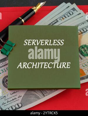 Concept words SERVERLESS ARCHITECTURE written on a sticker on the background of dollar bills. Stock Photo