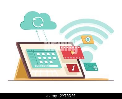Laptop Computer Syncing Data Files with Cloud Computing Server for Wireless Connection Technology Concept Illustration Stock Vector