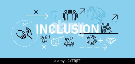 Inclusion diversity inclusive access to service community web header illustration concept with icon flat bright blue color Stock Vector