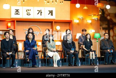 Kim Hee-Won, Joo Ji-Hoon, Park Bo-Young, Um Tae-Koo, Kim Seol-Hyun, Kang Full, Lee Jung-Eun, Shin Eun-Soo, Kim Min-Ha, Kim Sun-Hwa and Park Hyuk-Kwon, Dec 3, 2024 : (L-R, front row) Director Kim Hee-Won, actors Joo Ji-Hoon, Park Bo-Young, Um Tae-Koo, Kim Seol-Hyun and a webtoon artist and screenwriter Kang Full with (L-R, second row) actors Lee Jung-Eun, Shin Eun-Soo, Kim Min-Ha, Kim Sun-Hwa and Park Hyuk-Kwon at a press conference for Disney  original series 'Light Shop' in Seoul, South Korea. Credit: Lee Jae-Won/AFLO/Alamy Live News Stock Photo