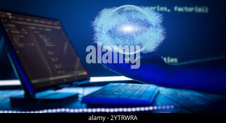 Hand Holding a Digital Globe with Software Code in Background Representing Global Technology, Programming Stock Photo
