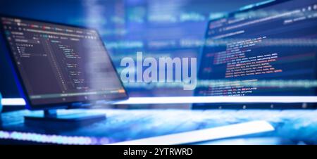 Abstract software development concept with code and laptop on blurred background representing programming, coding Stock Photo
