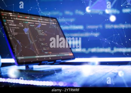 Abstract software development concept with code and laptop on blurred background representing programming, coding Stock Photo