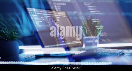 Work from home. Programmer coding code on notebook screen at Stock Photo