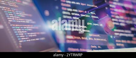 Work from home. Programmer coding code on notebook screen at Stock Photo