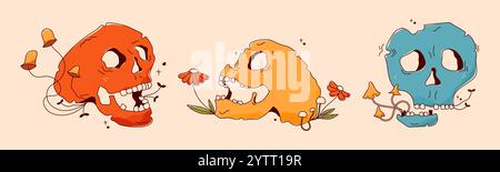 Color doodle groovy sculls. Punk kawaii pretty flowers leaves. Stock Vector