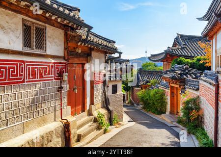 Amazing view of old narrow street and traditional Korean houses Stock Photo
