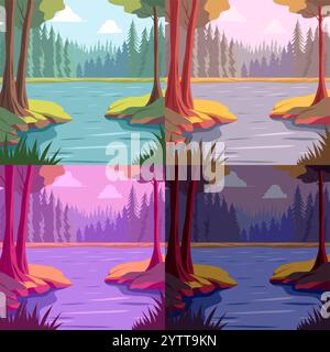 Vector set of forest landscapes with pond time of day for game development. Morning, day, evening and night in a pine forest. Collection Stock Vector