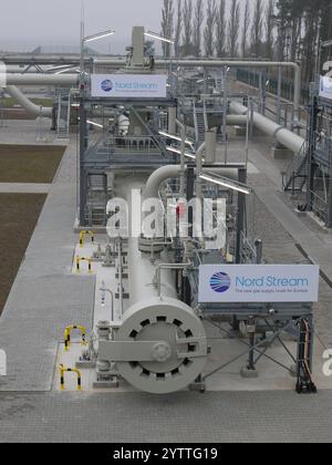 The Nord Stream 1 gas pipe terminal, in Lubmin, north of Germany, transport russian gas under water of the Baltic sea Stock Photo