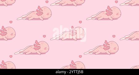 Seamless pattern with funny sleeping Axolotl on pink background with heart. Little cute cartoon kawaii character. Vector illustration. Horizontal temp Stock Vector